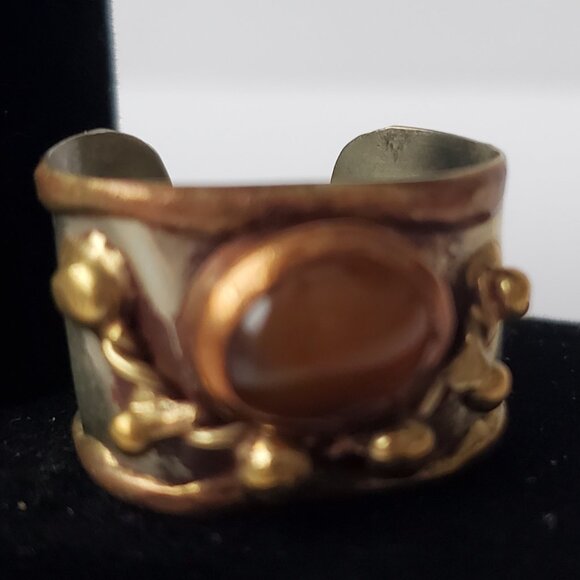 Vintage Handmade Metal Cuff Ring Unisex Mixed Metal Colours Oval Cabochon Stone - Picture 3 of 4